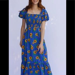 HVN Sunflower Smocked Midi Dress in Blue